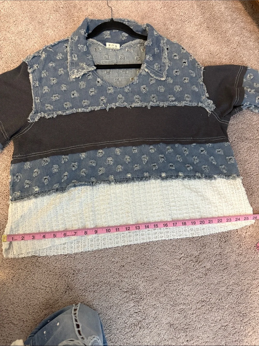 Pol Distressed Patchwork Pullover - Blue, Dark Gray, Cream - Picture 14 of 15